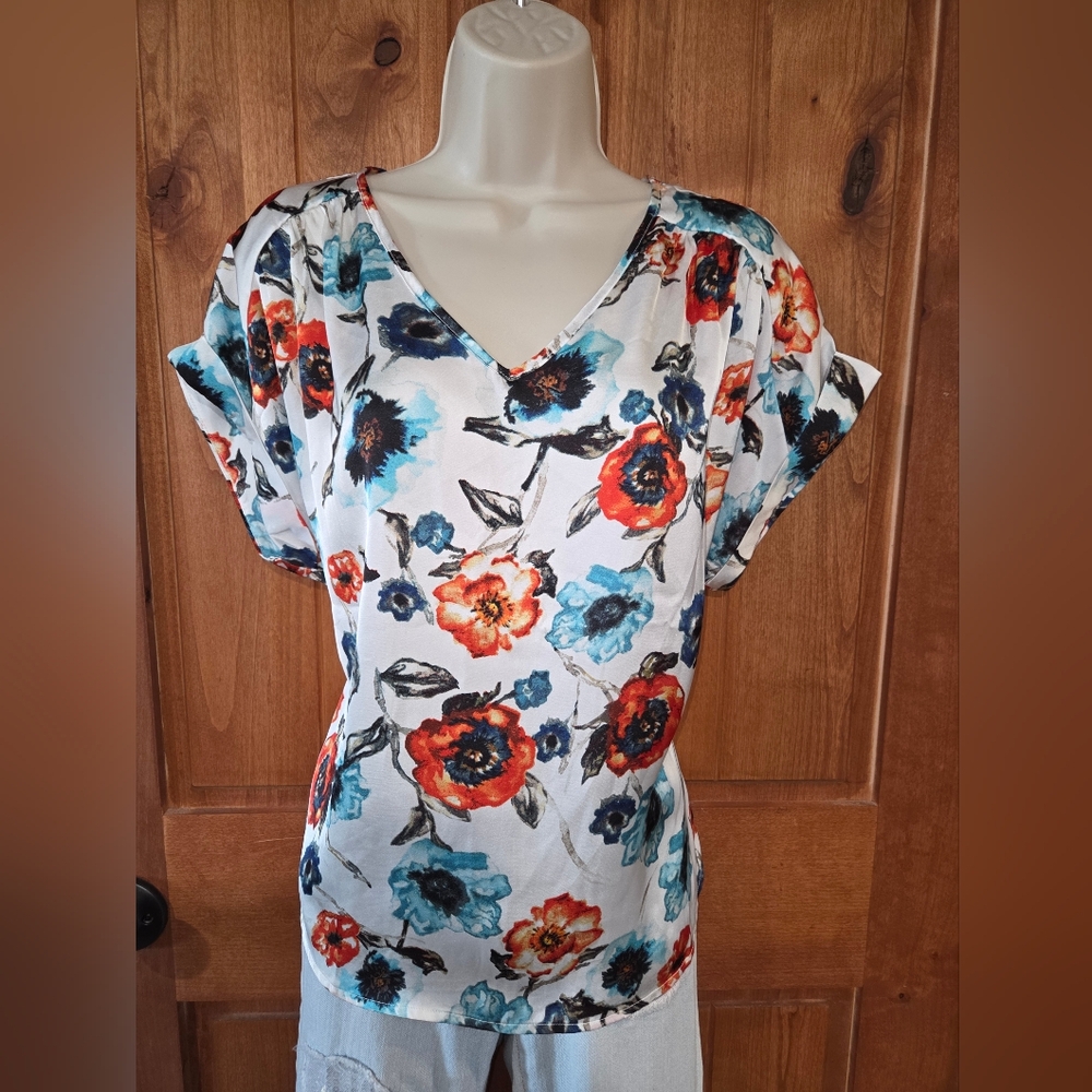 Catherine Malandrino Floral V-Neck Blouse - Orange, Blue, Black